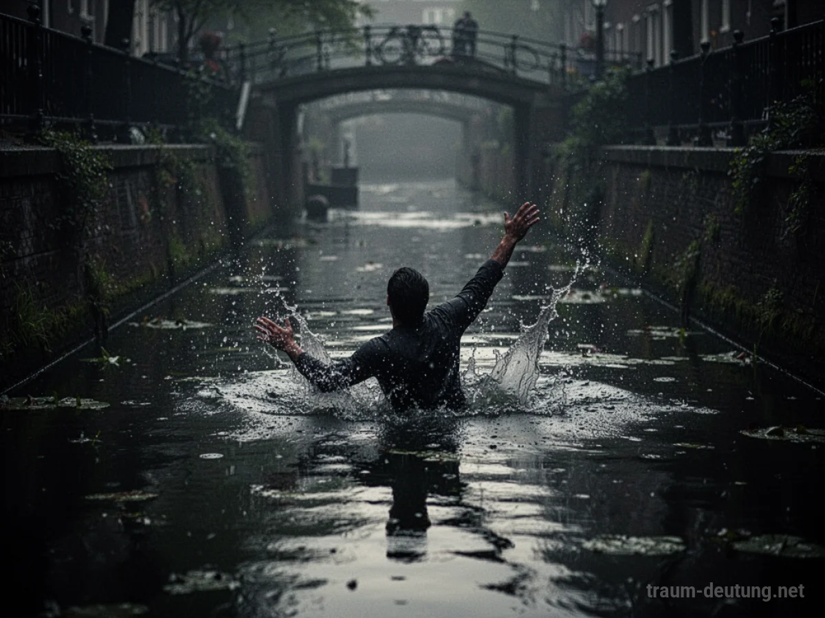 Silhouette einer Person fällt in einen dunklen Kanal
