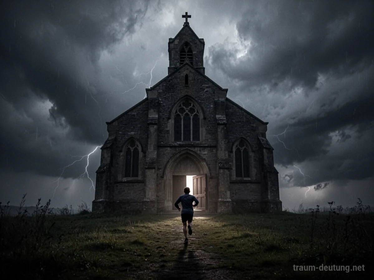 Eine Person flüchtet in eine Kirche vor einem Sturm.