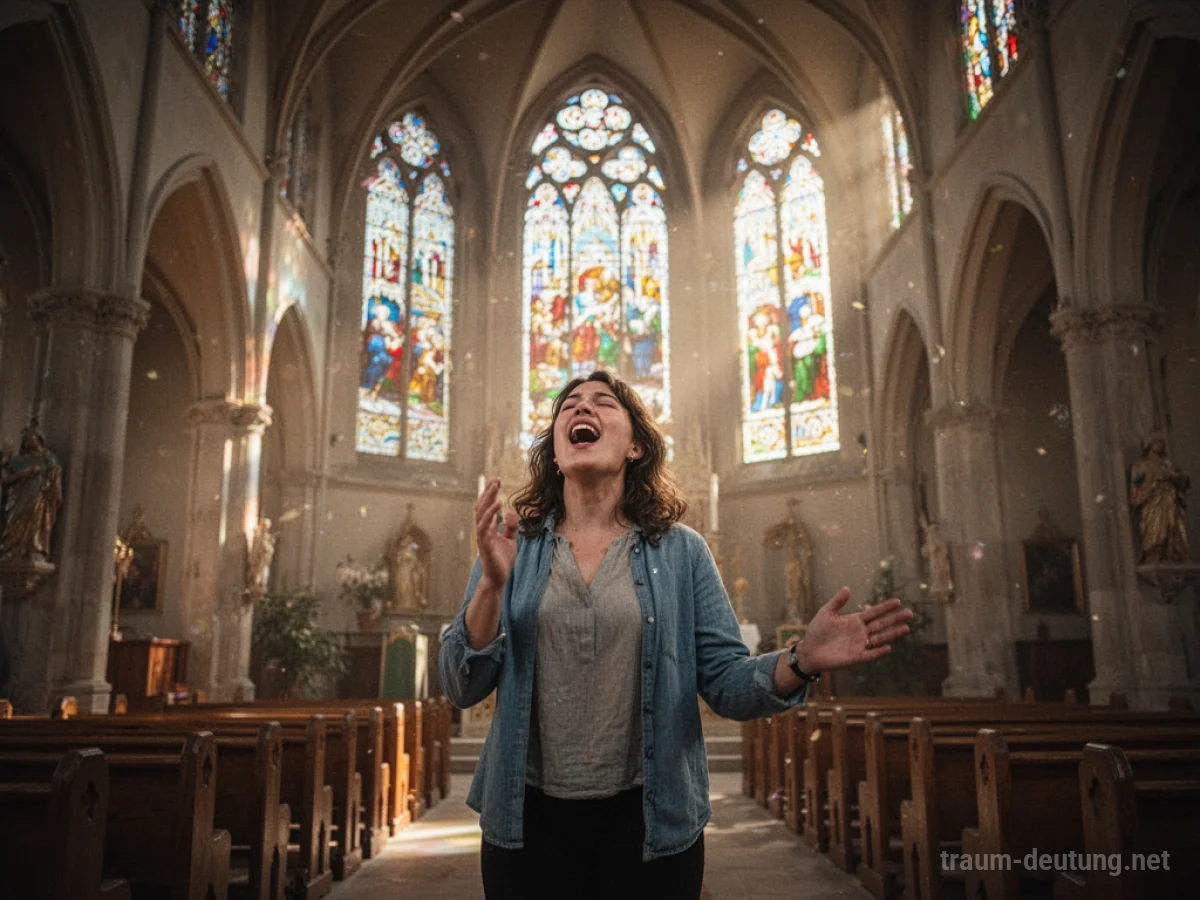 Eine Person singt fröhlich in einer hellen Kirche.