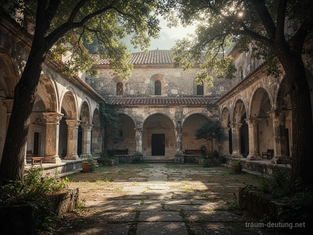 Ein friedlicher Klosterhof mit alten Steingebäuden und Sonnenlicht