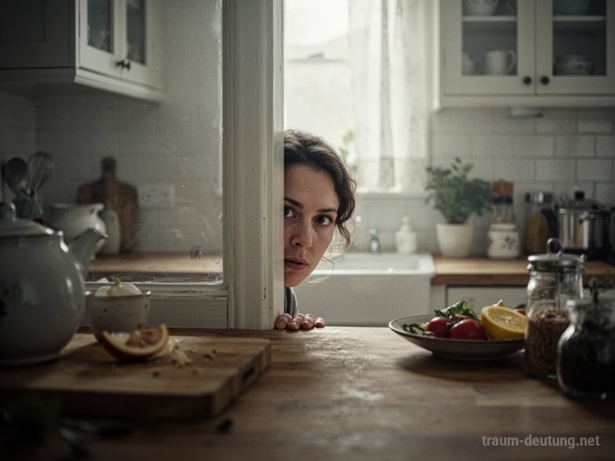 Eine Person versteckt sich hinter einer Küchenzeile und blickt vorsichtig hervor.