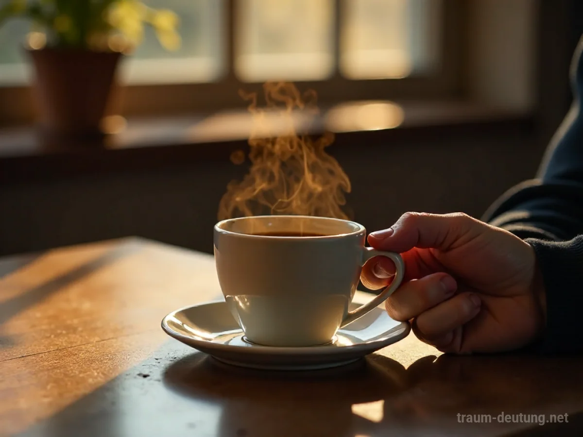 Eine Hand reicht eine dampfende Kaffeetasse über einen Tisch.