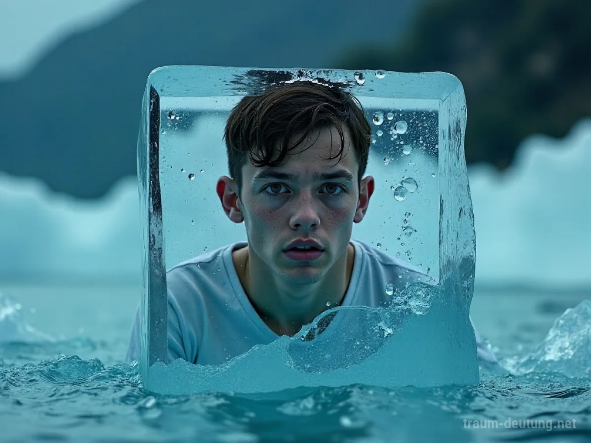 Eine Person in einem Eisblock gefangen, mit besorgtem Gesichtsausdruck.