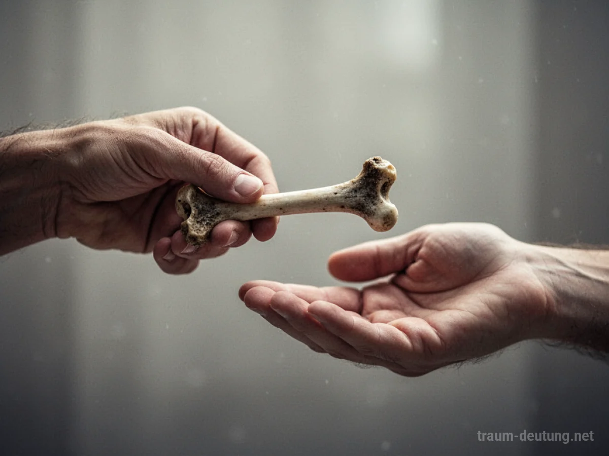 Menschliche Hand reicht einen Knochen an eine andere Hand.