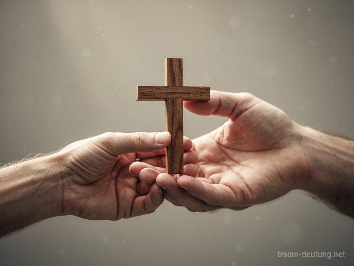 Eine Hand reicht einer anderen Hand ein hölzernes Kreuz.