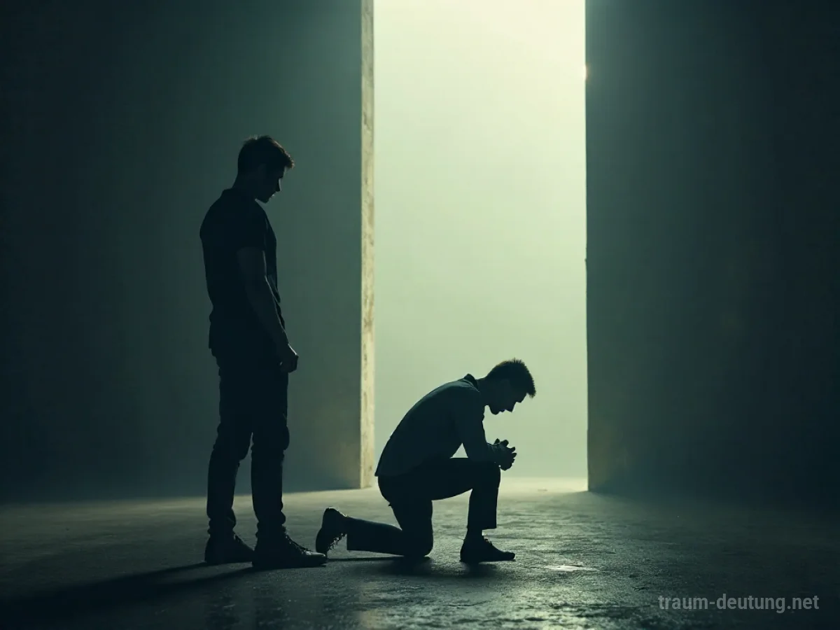 Silhouetten von zwei Personen, eine kniet vor der anderen.