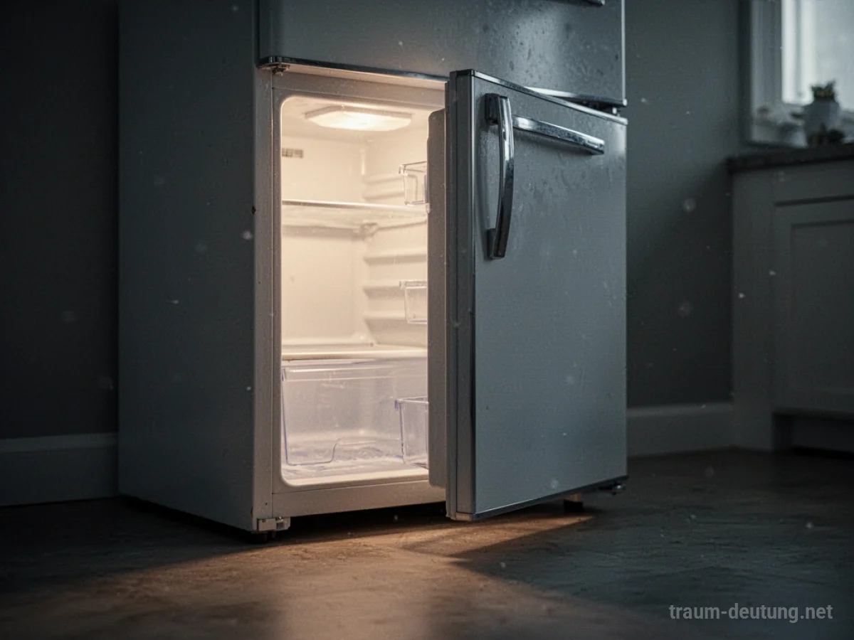 Ein leicht geöffneter Kühlschrank, aus dem ein sanftes Licht scheint.