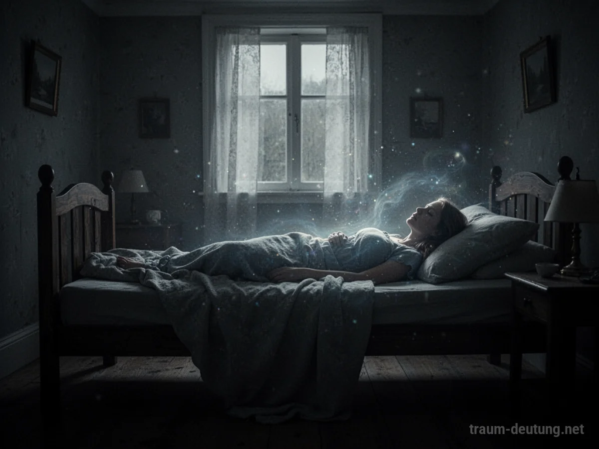 Silhouette einer Person, die in einem schwach beleuchteten Raum im Bett liegt.