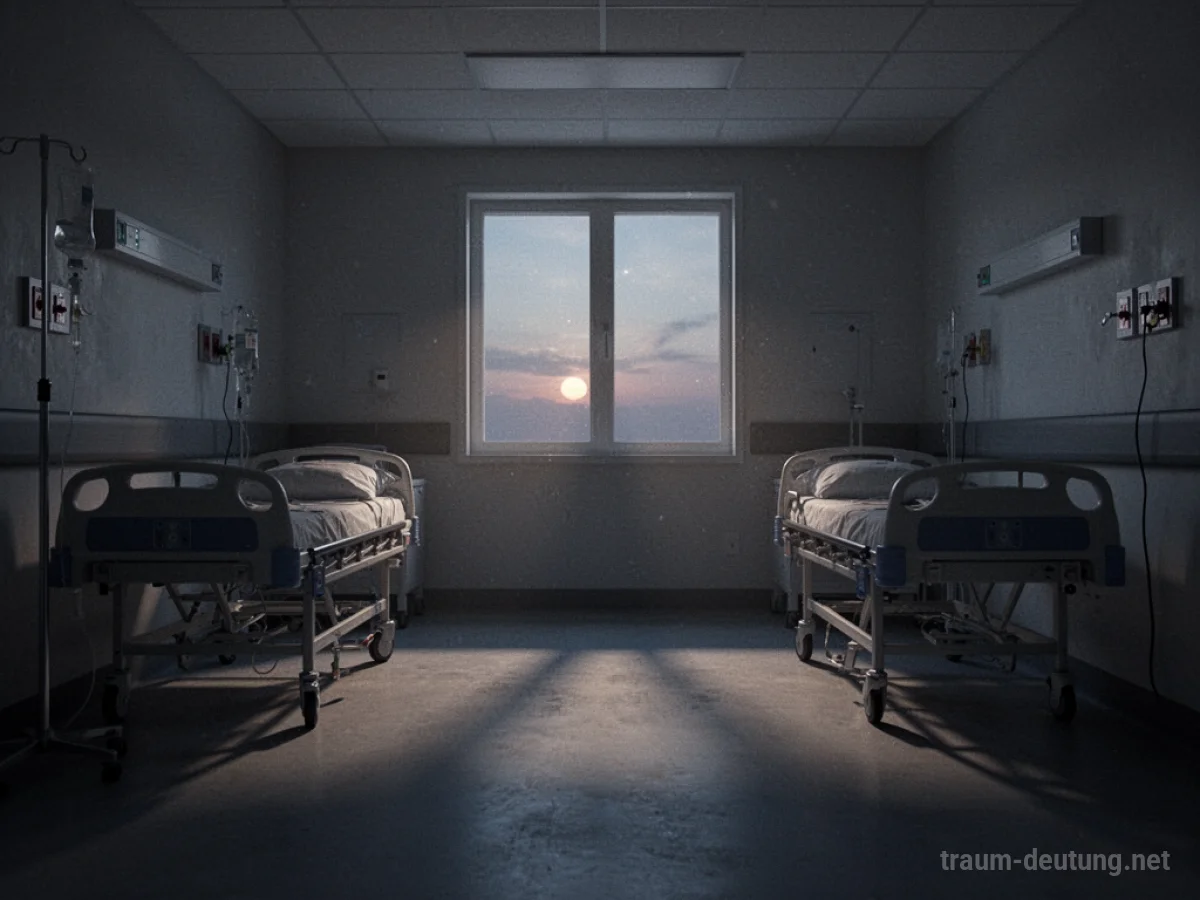 Leeres Krankenzimmer in einem Traum mit schattigen Ecken und gedämpftem Licht.