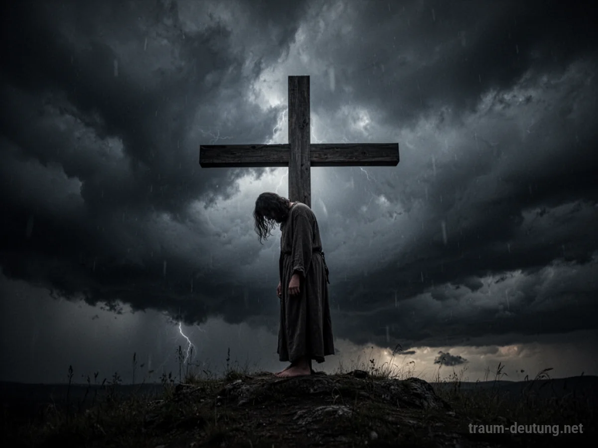 Silhouette einer Person am Kreuz vor dramatischem Himmel