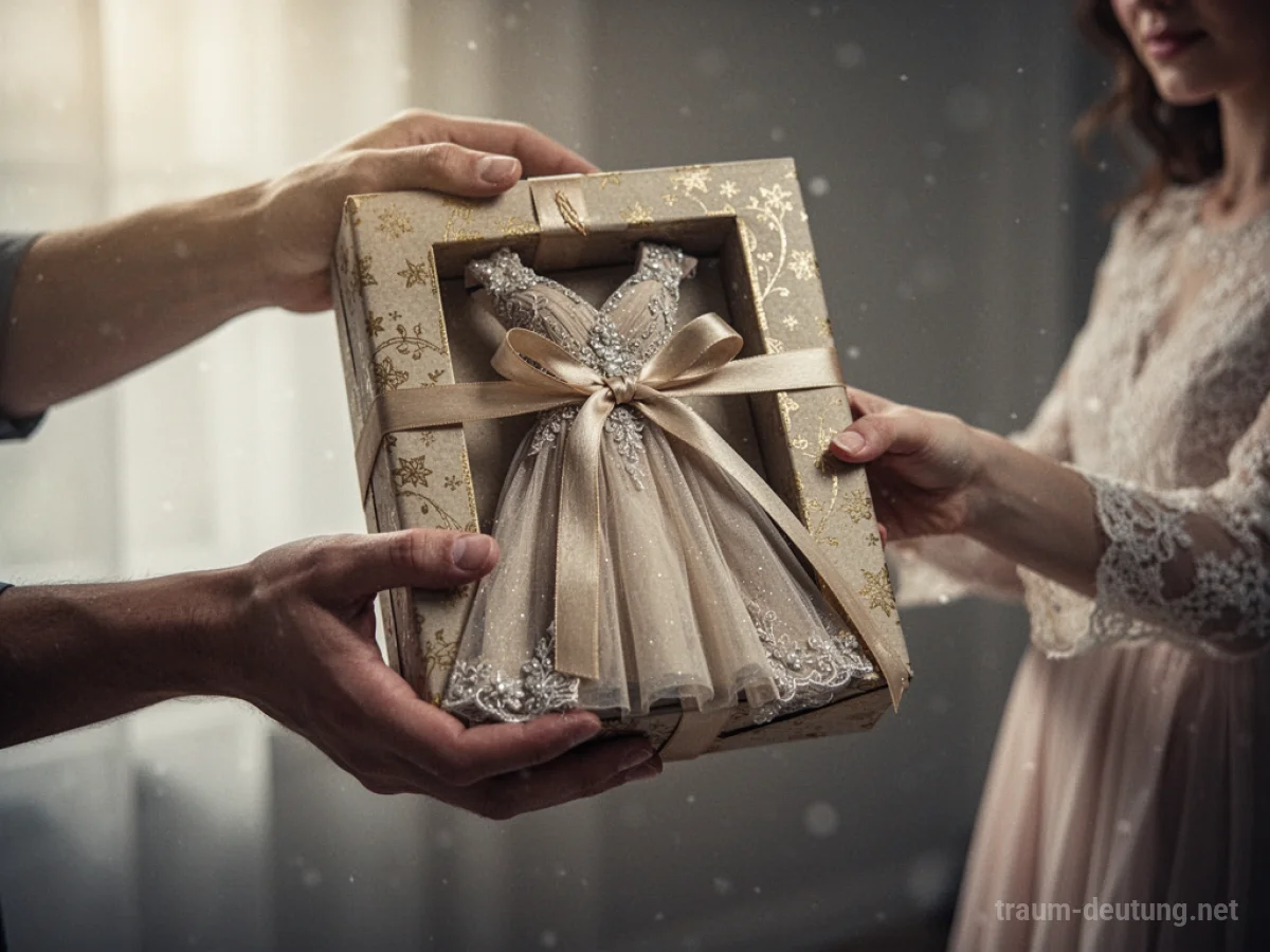 Eine Hand reicht eine Geschenkbox mit einem Kleid.