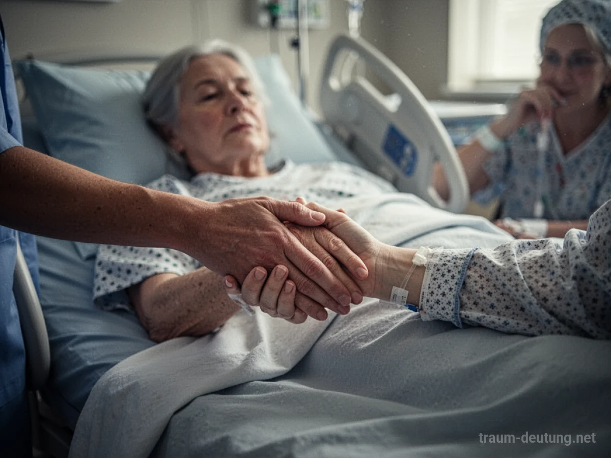Hand hält Hand im Krankenhausbett
