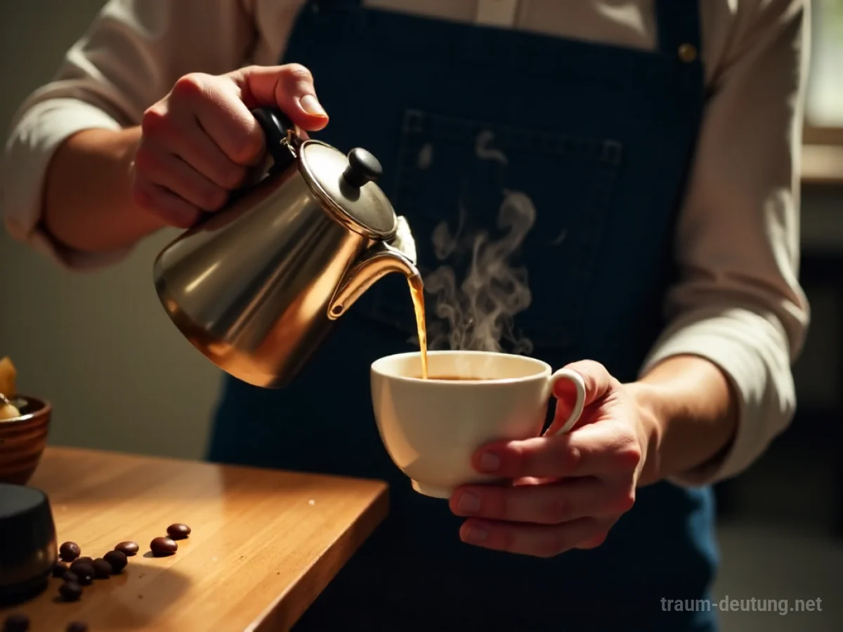 Hände schenken Kaffee aus einer Kanne in eine Tasse ein.