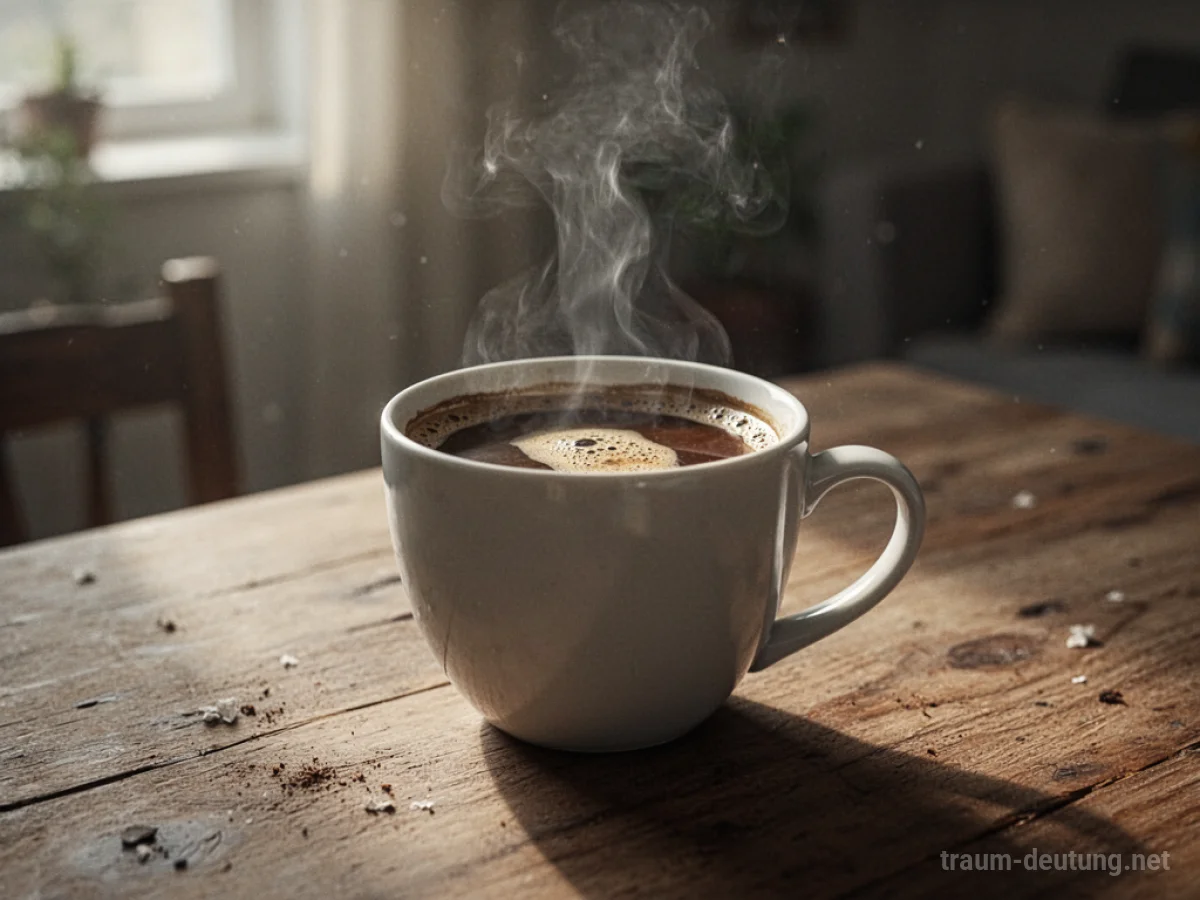 Eine dampfende Tasse Kaffee auf einem Holztisch im sanften Morgenlicht.