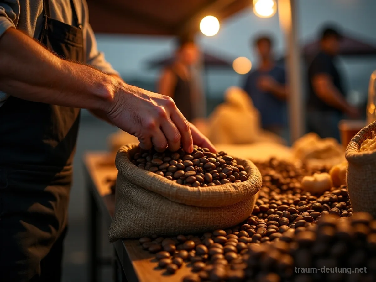 Hand greift nach Kaffeebohnen auf einem Marktstand