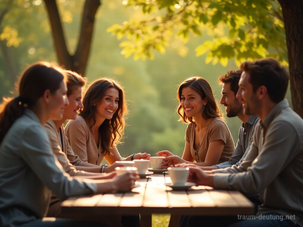 Menschen trinken gemeinsam Kaffee an einem Tisch im Freien.