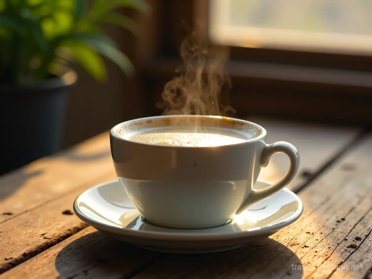 Eine dampfende Tasse Kaffee mit Milch und Schaum auf einem Holztisch im Morgenlicht.