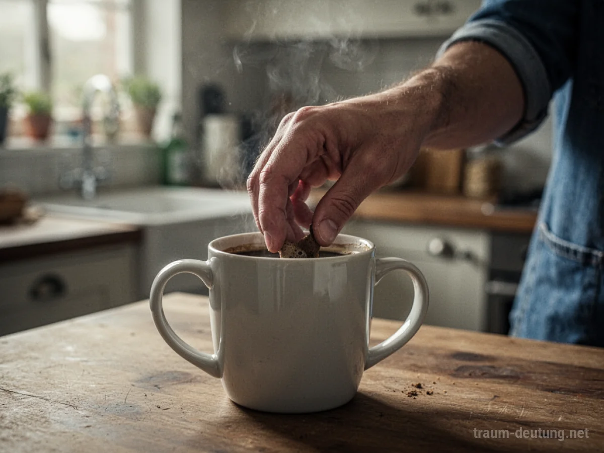 Leere Kaffeetasse in einer Hand, die im Traum nach Kaffee sucht.