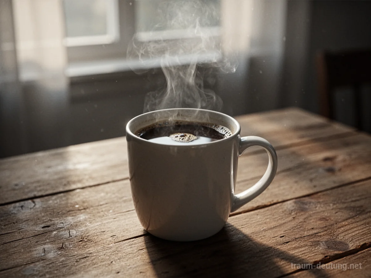 Eine dampfende Tasse Kaffee auf einem Holztisch im Morgenlicht.
