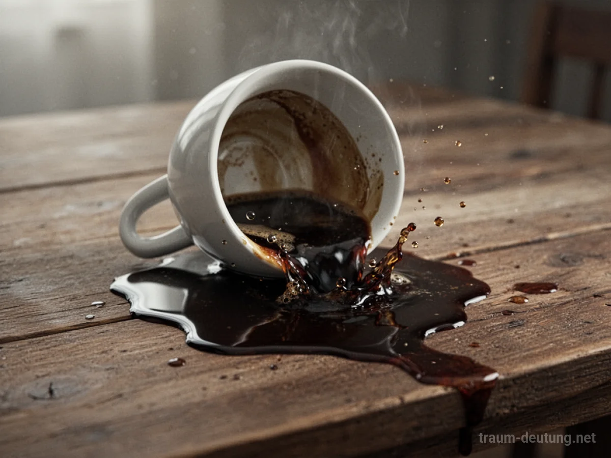 Kaffee verschüttet aus einer Tasse auf einen Holztisch