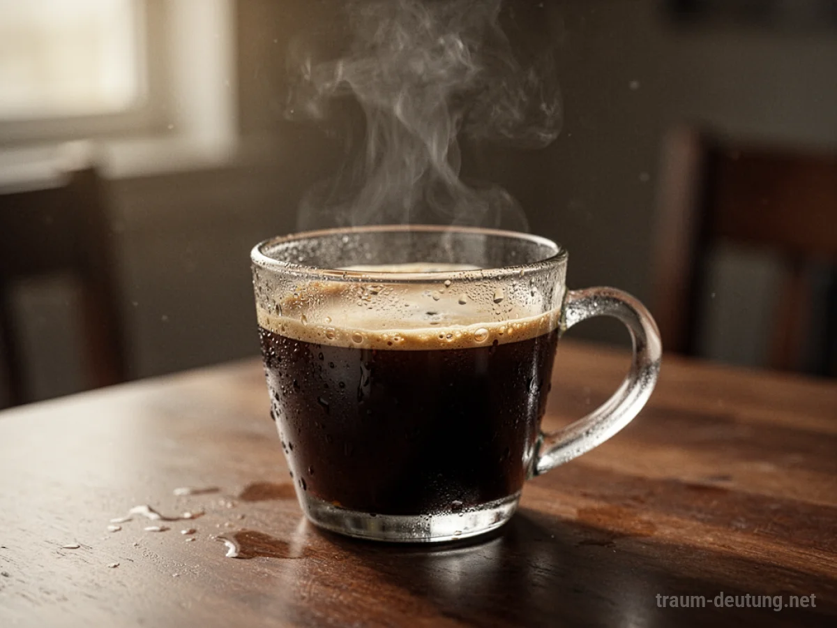 Eine Tasse Kaffee, die langsam abkühlt, mit Kondenswasser am Glas.