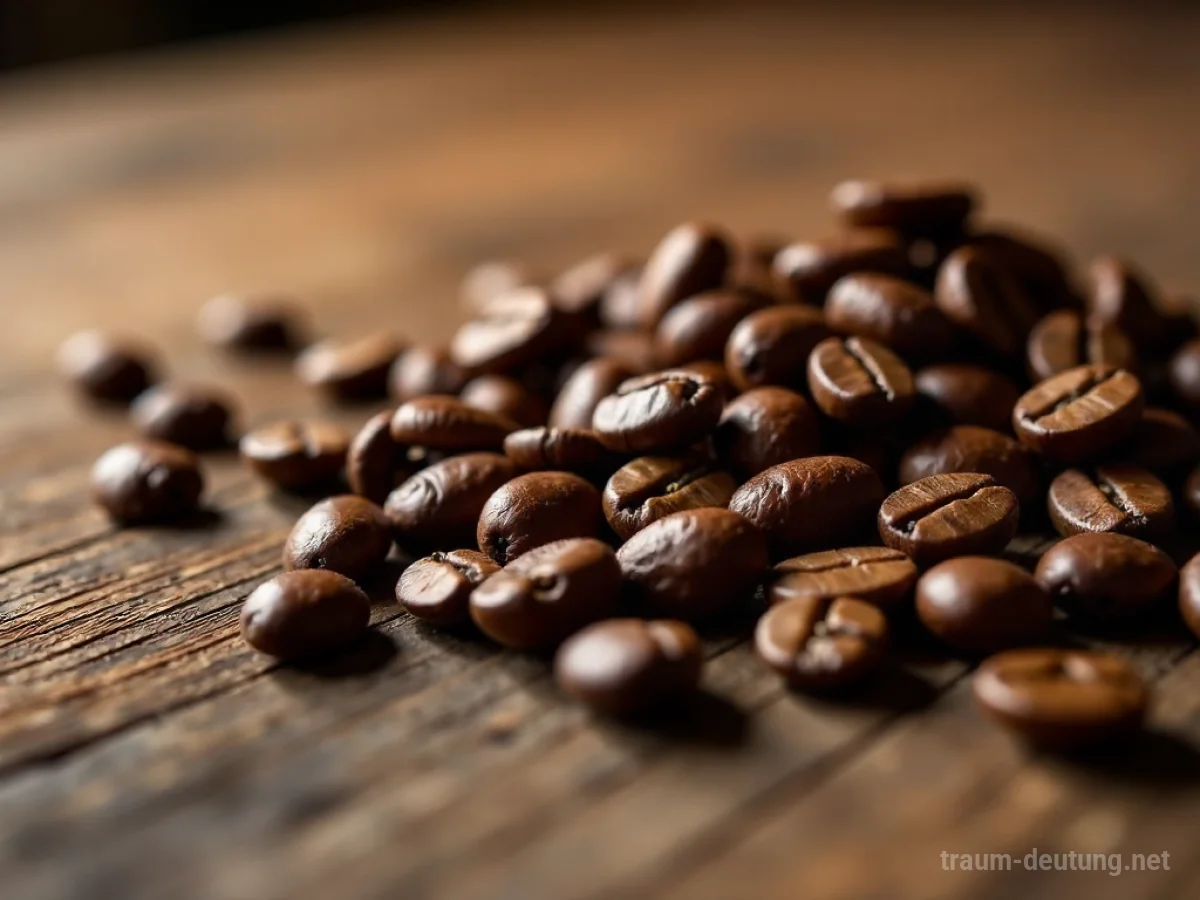 Geröstete Kaffeebohnen liegen verstreut auf einer Holzoberfläche.