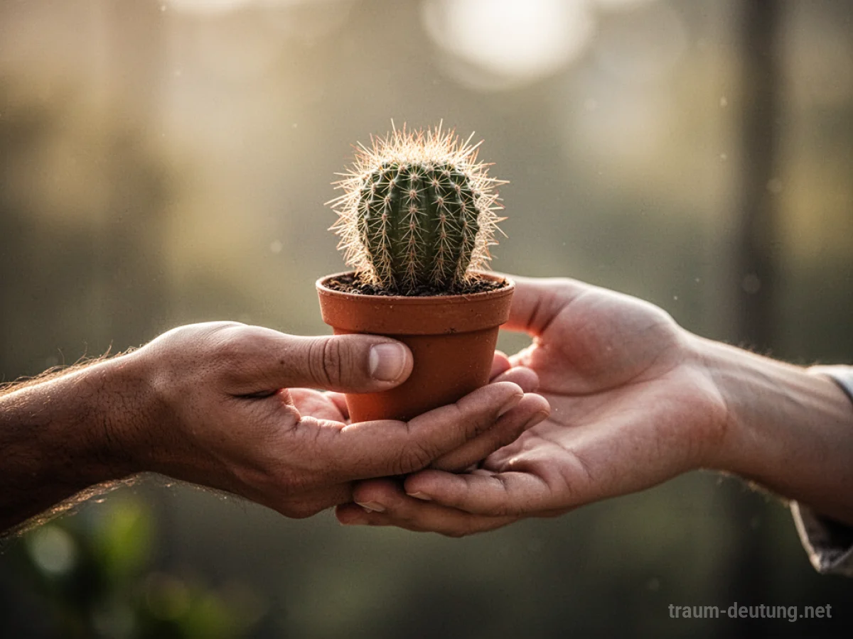 Eine Hand reicht eine Topfpflanze mit Kaktus als Geschenk.
