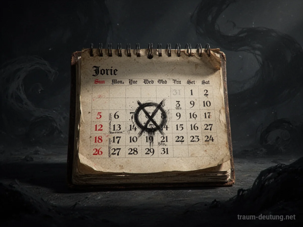 Ein alter Kalender, auf dem ein Datum mit einem dunklen Symbol markiert ist.