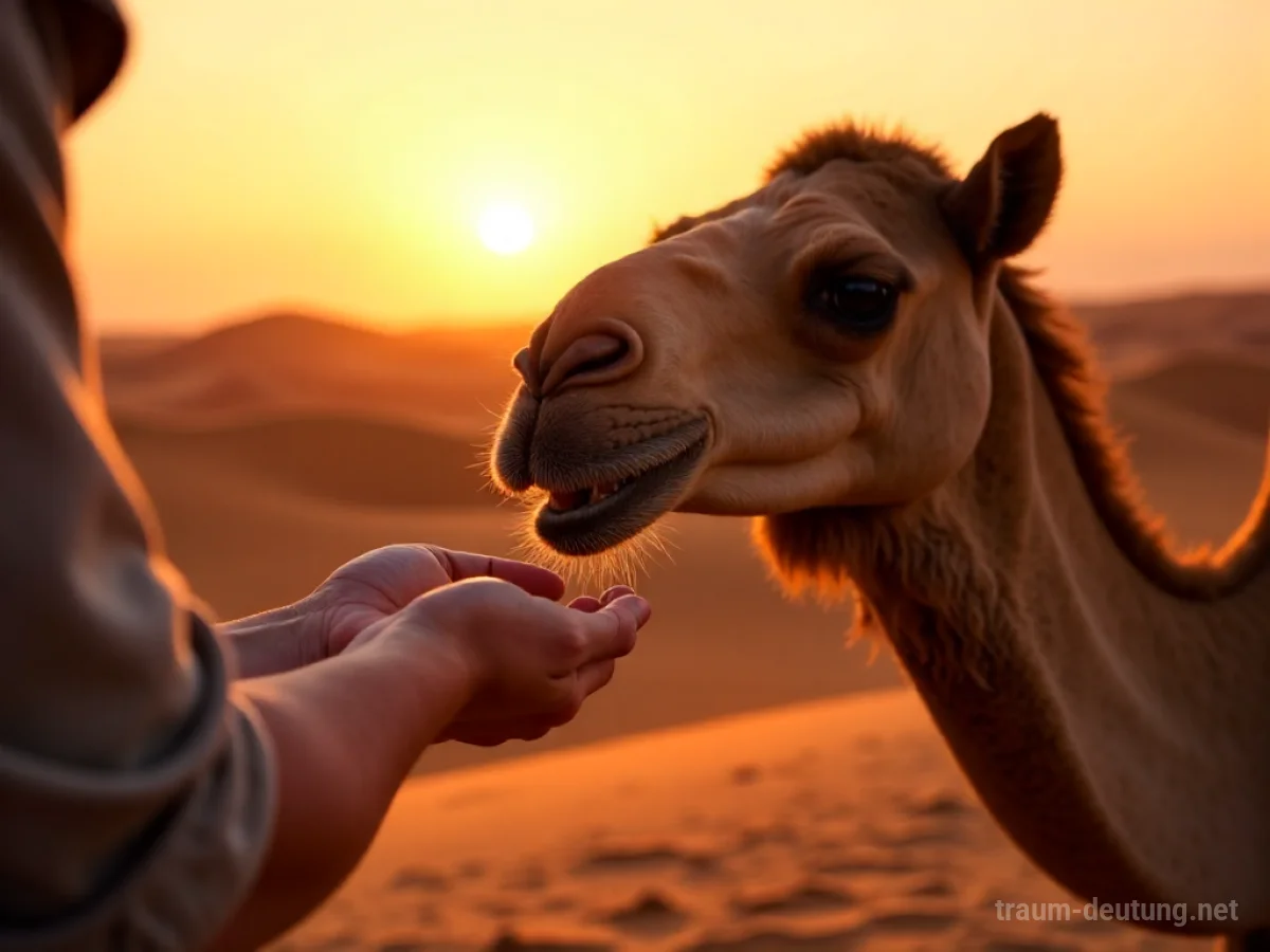 Hände reichen einem Kamel Futter in der Wüste bei Sonnenuntergang