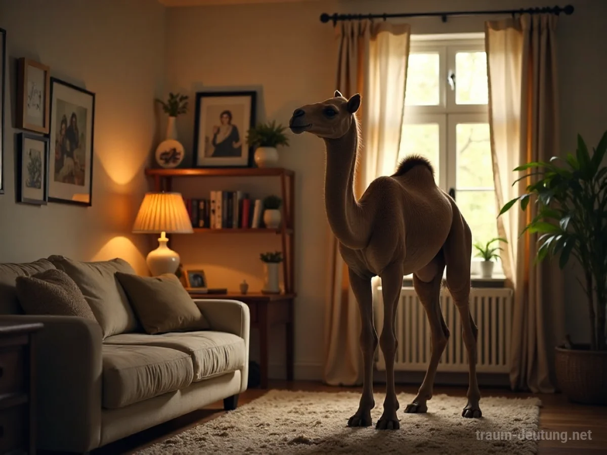Ein Kamel steht in einem Wohnzimmer.