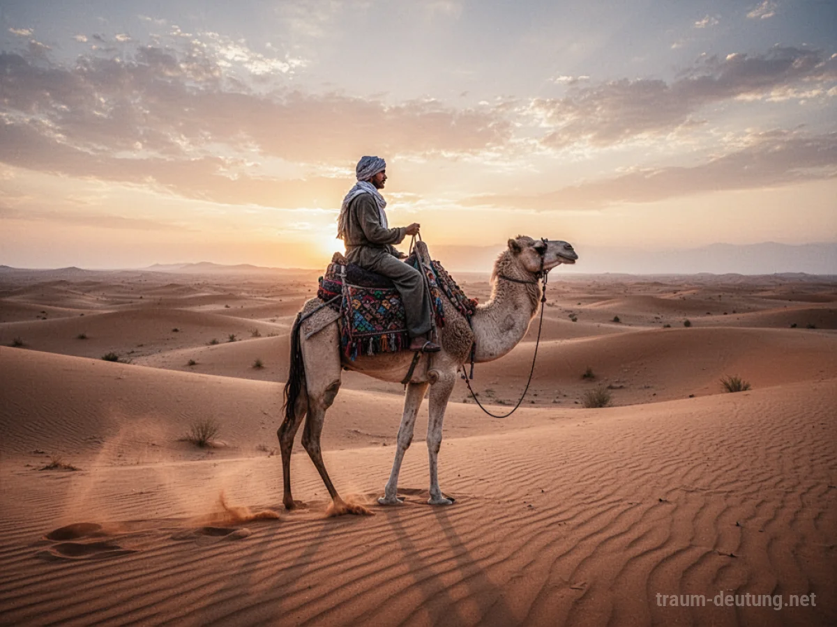Person reitet Kamel in der Wüste bei Sonnenuntergang