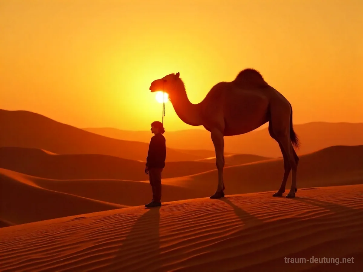 Ein Kamel steht schützend über einer Person in der Wüste bei Sonnenuntergang.