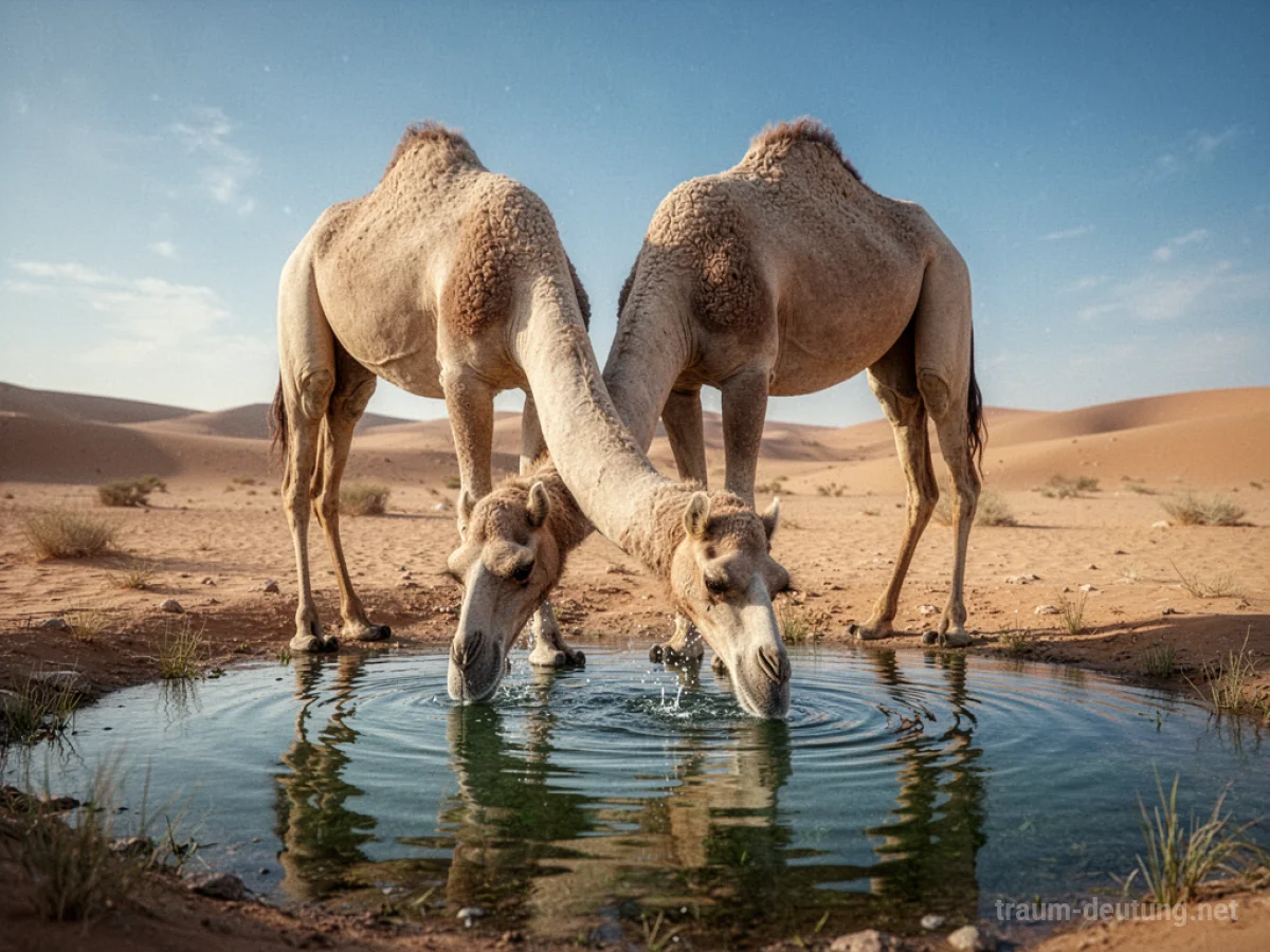 Kamel trinkt Wasser aus einer Oase in der Wüste.
