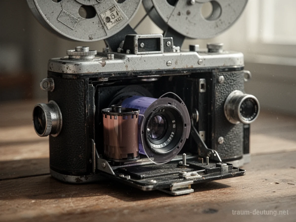 Eine alte Filmkamera mit einer leeren Filmrolle im Inneren.