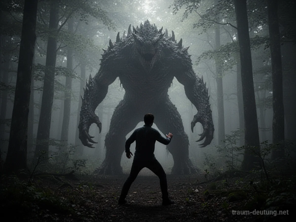 Schattenhafte Monsterfigur im Nebelwald, Mensch steht davor.
