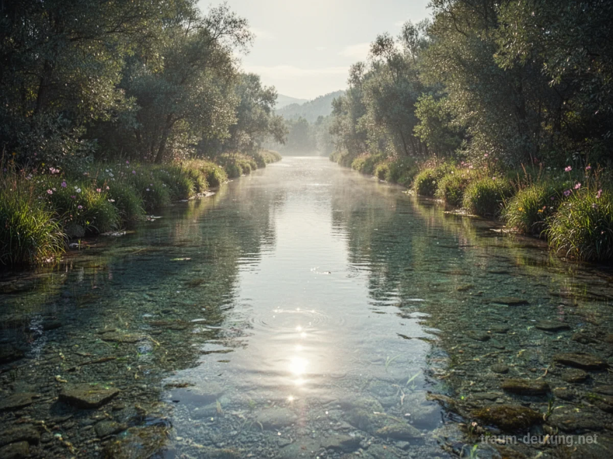 Kanal mit klarem, ruhigem Wasser im Sonnenlicht.
