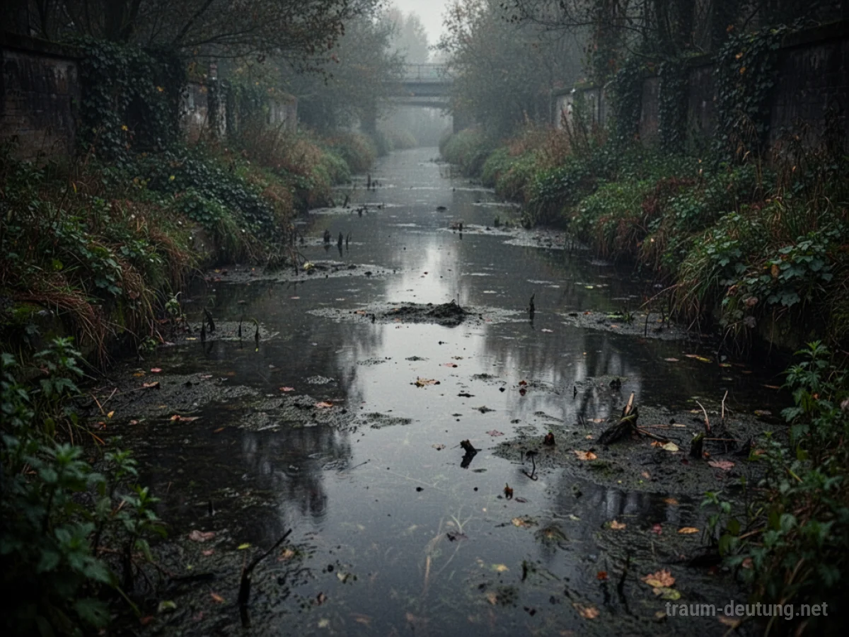Ein schmutziger Kanal mit trübem Wasser in einer verwilderten Umgebung.