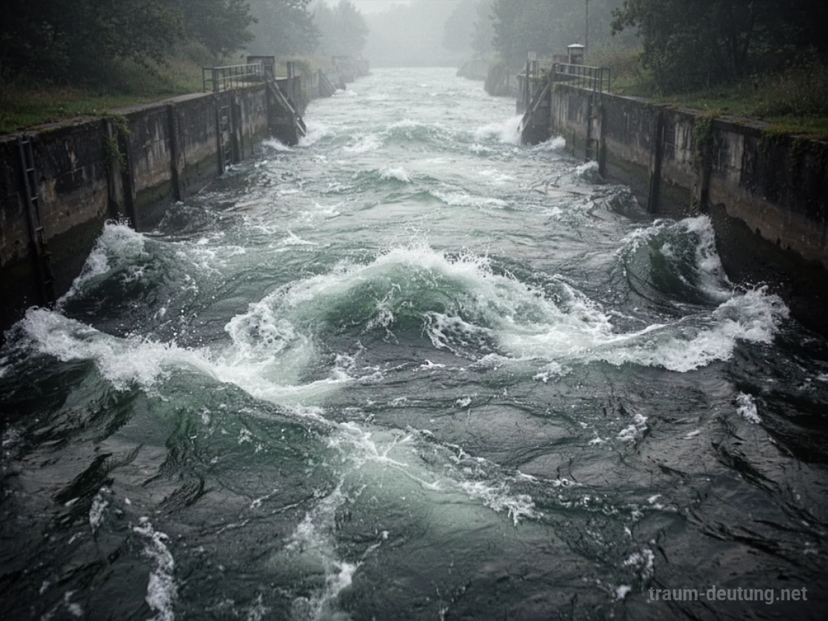 Ein Kanal mit einer starken, turbulenten Wasserströmung.