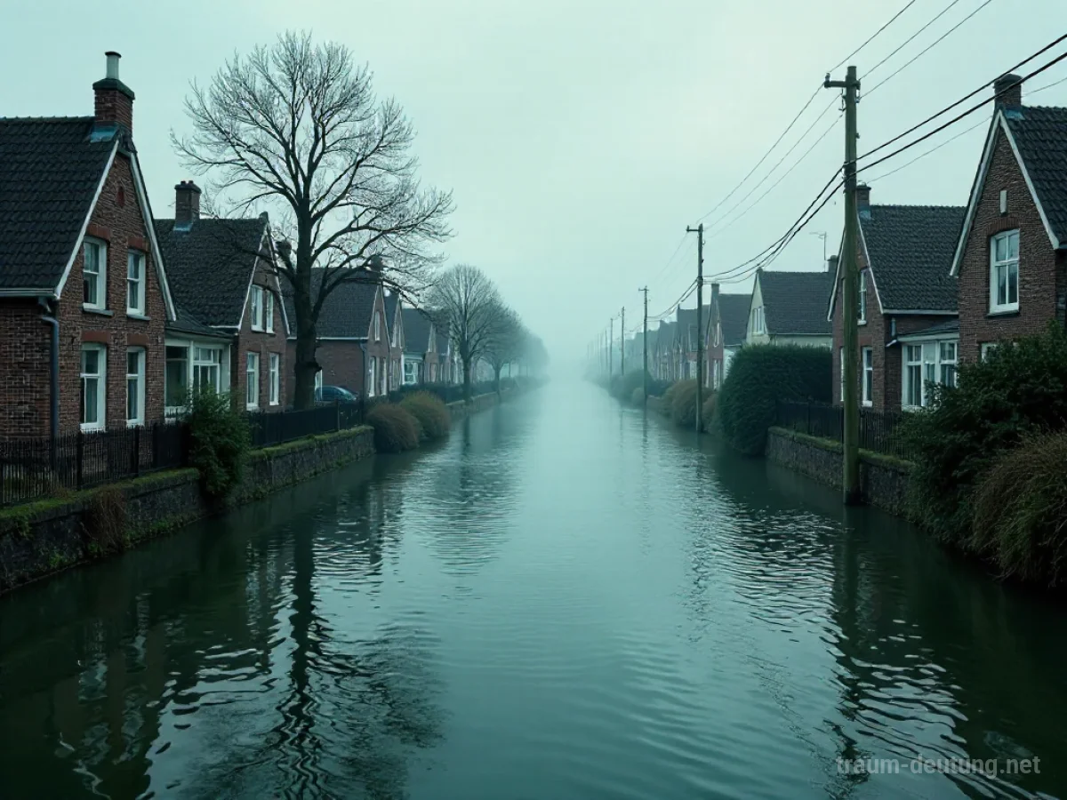 Überfluteter Kanal, der Häuser und Straßen unter einem dramatischen Himmel verschlingt.