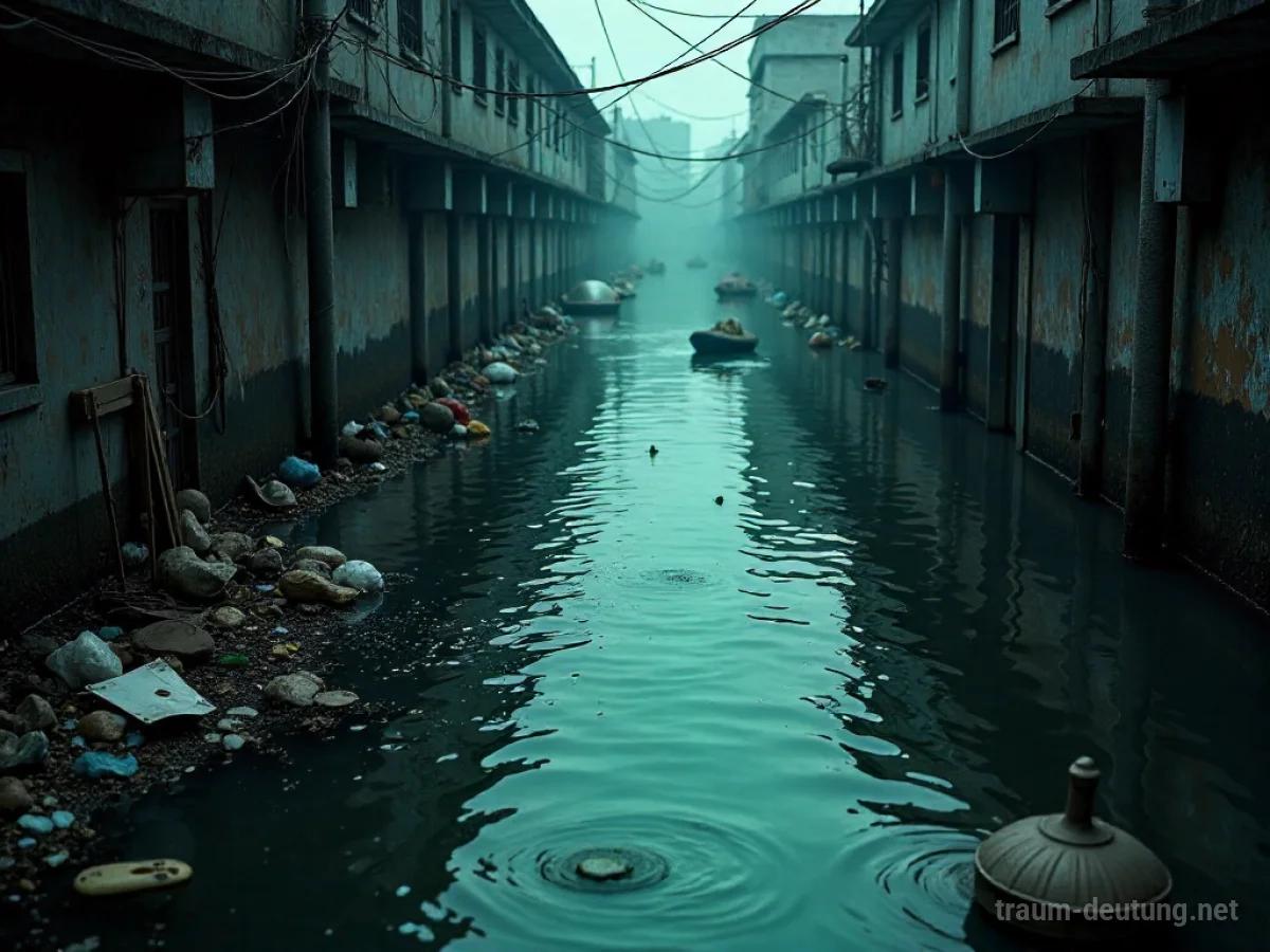 Ein dunkler Kanal voller Müll und Unrat im Wasser.