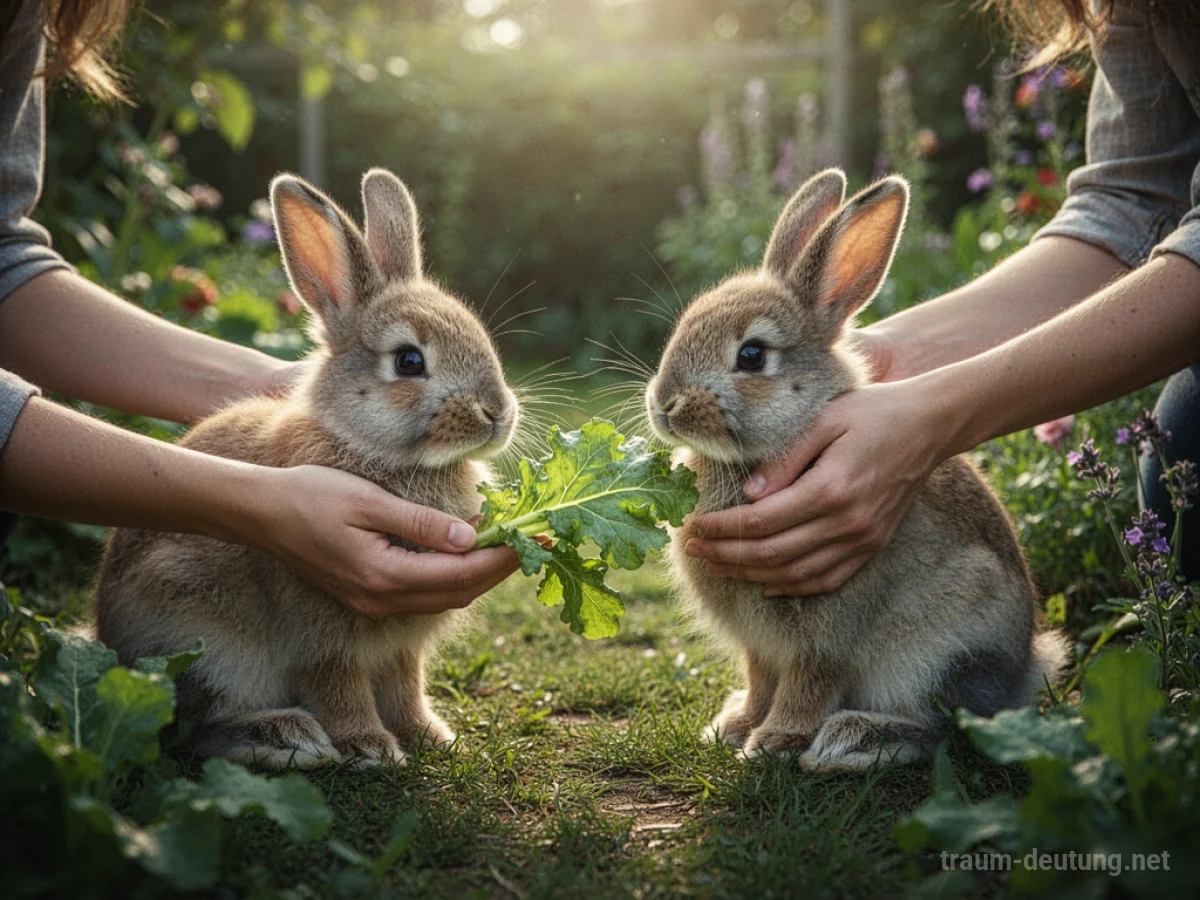 Hände füttern ein Kaninchen im Garten mit Gemüse