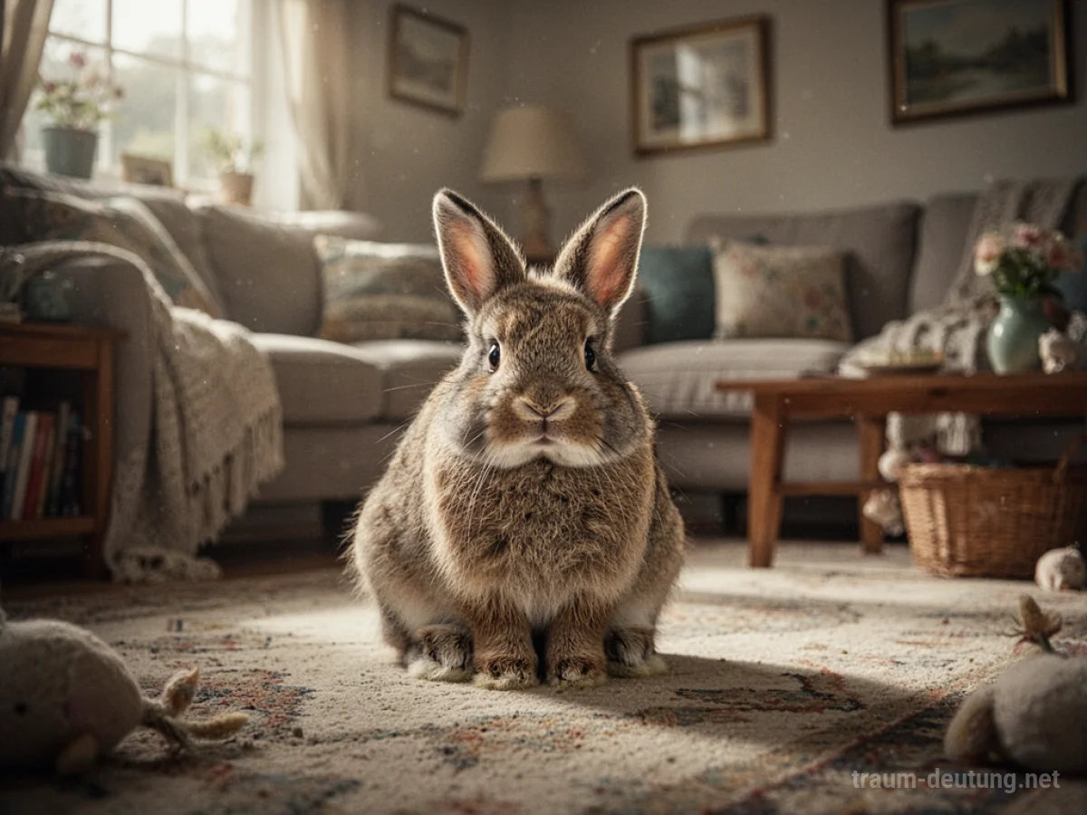 Ein kleines Kaninchen sitzt in einem gemütlichen Wohnzimmer.