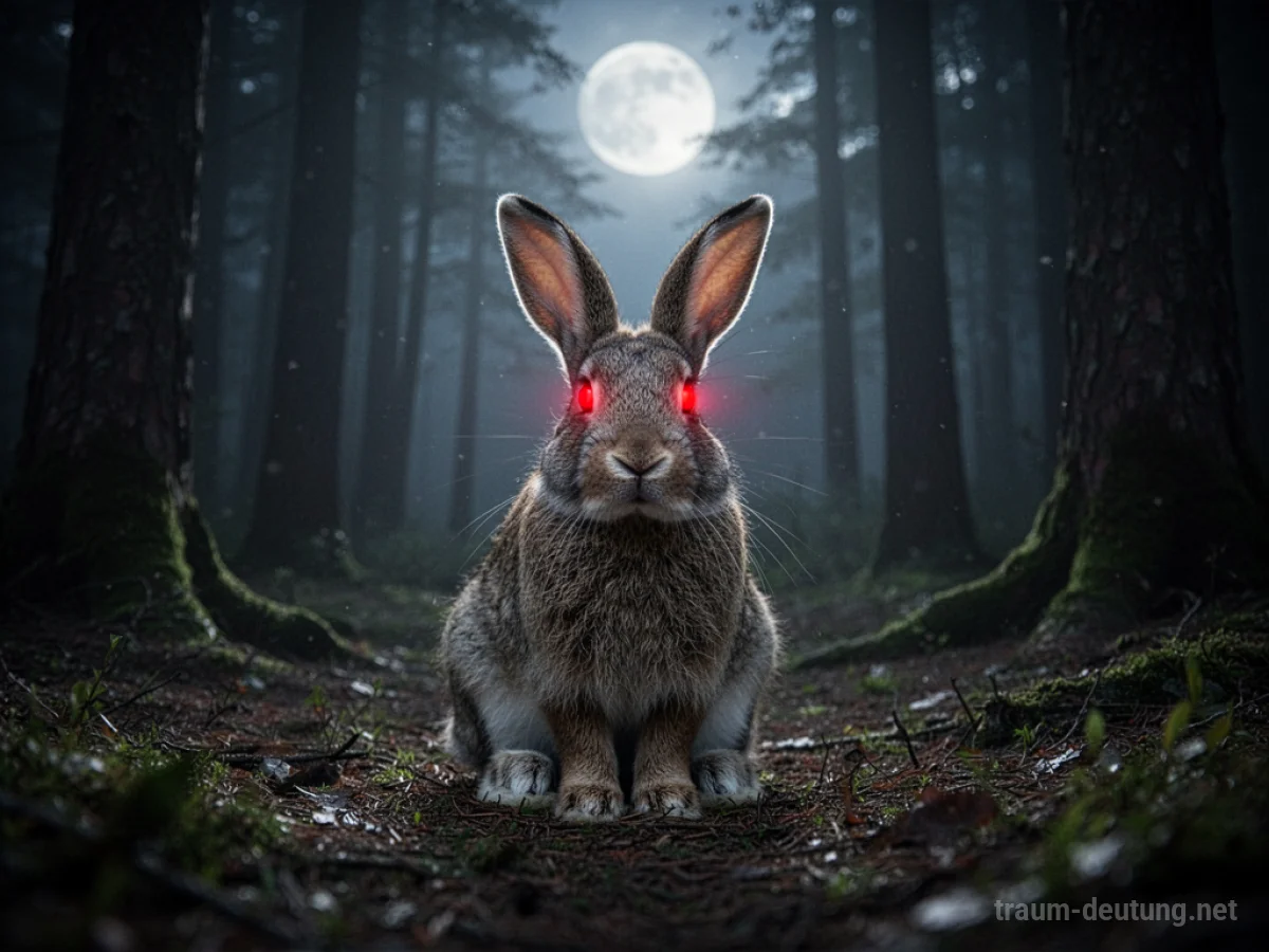Kaninchen mit leuchtend roten Augen im dunklen Wald