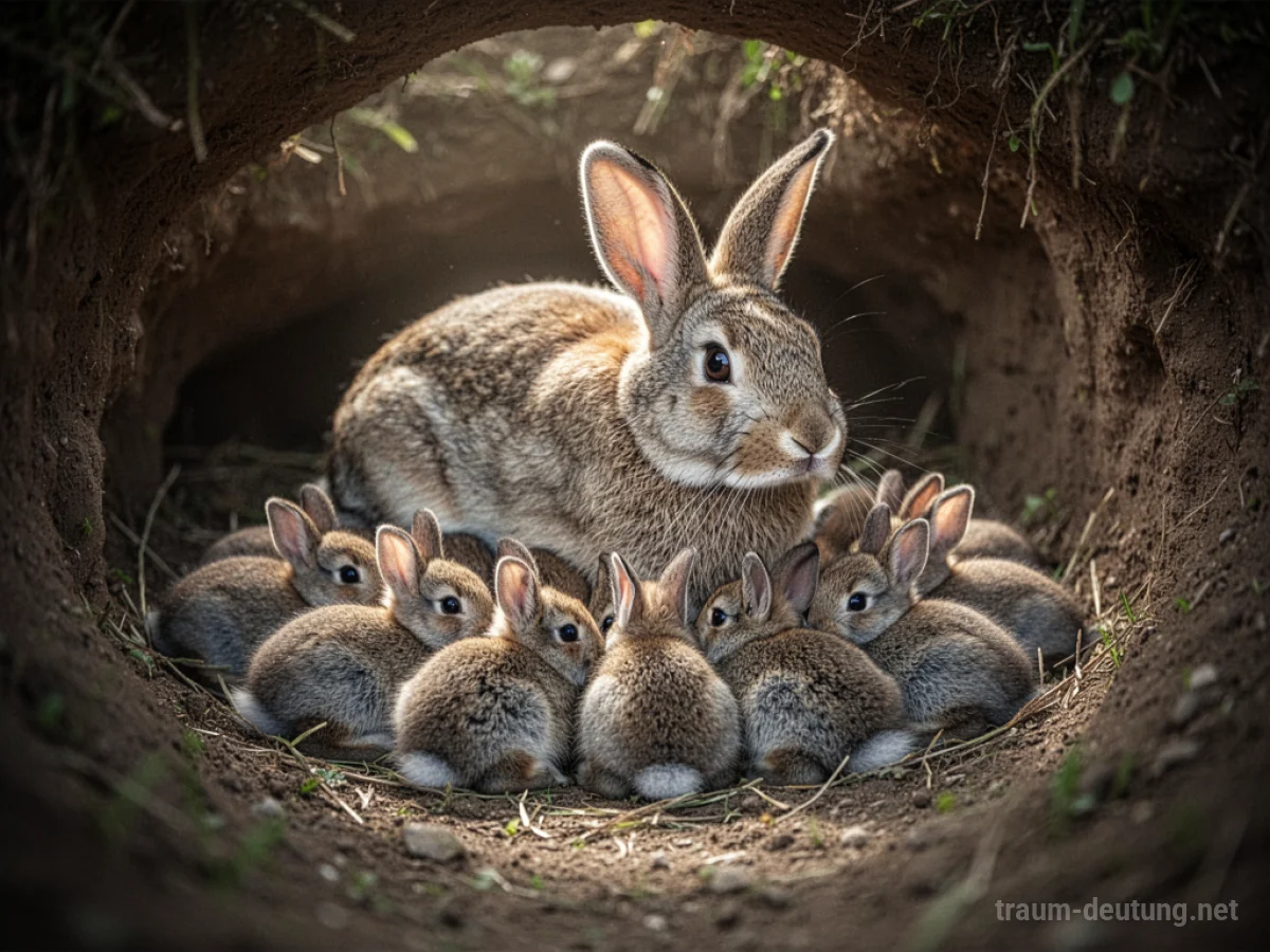 Eine Häsin mit vielen kleinen Kaninchenbabys in einem Nest.