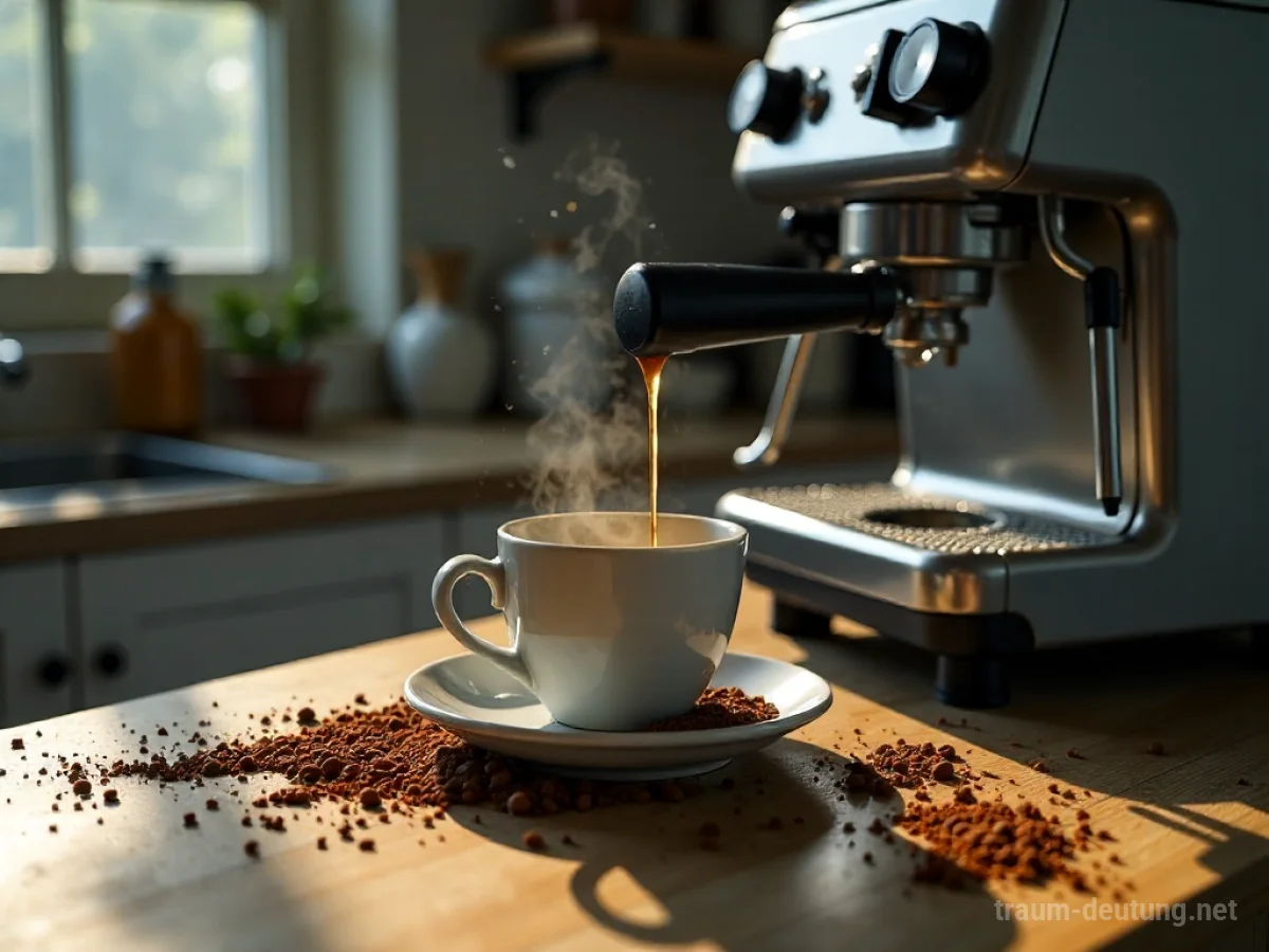 Kaputte Kaffeemaschine mit verschüttetem Kaffee
