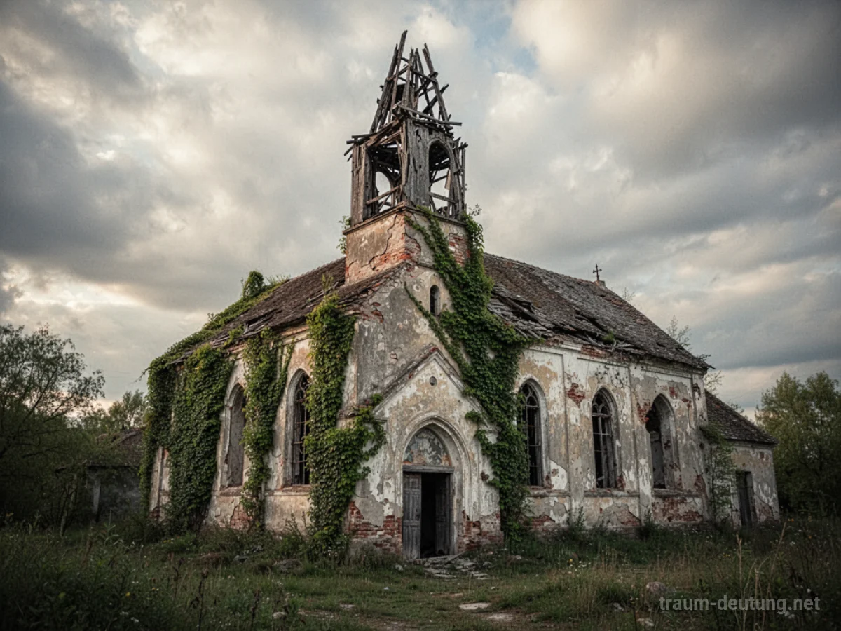 Eine zerfallene, alte Kirche mit zerbrochenem Turm im Regen.