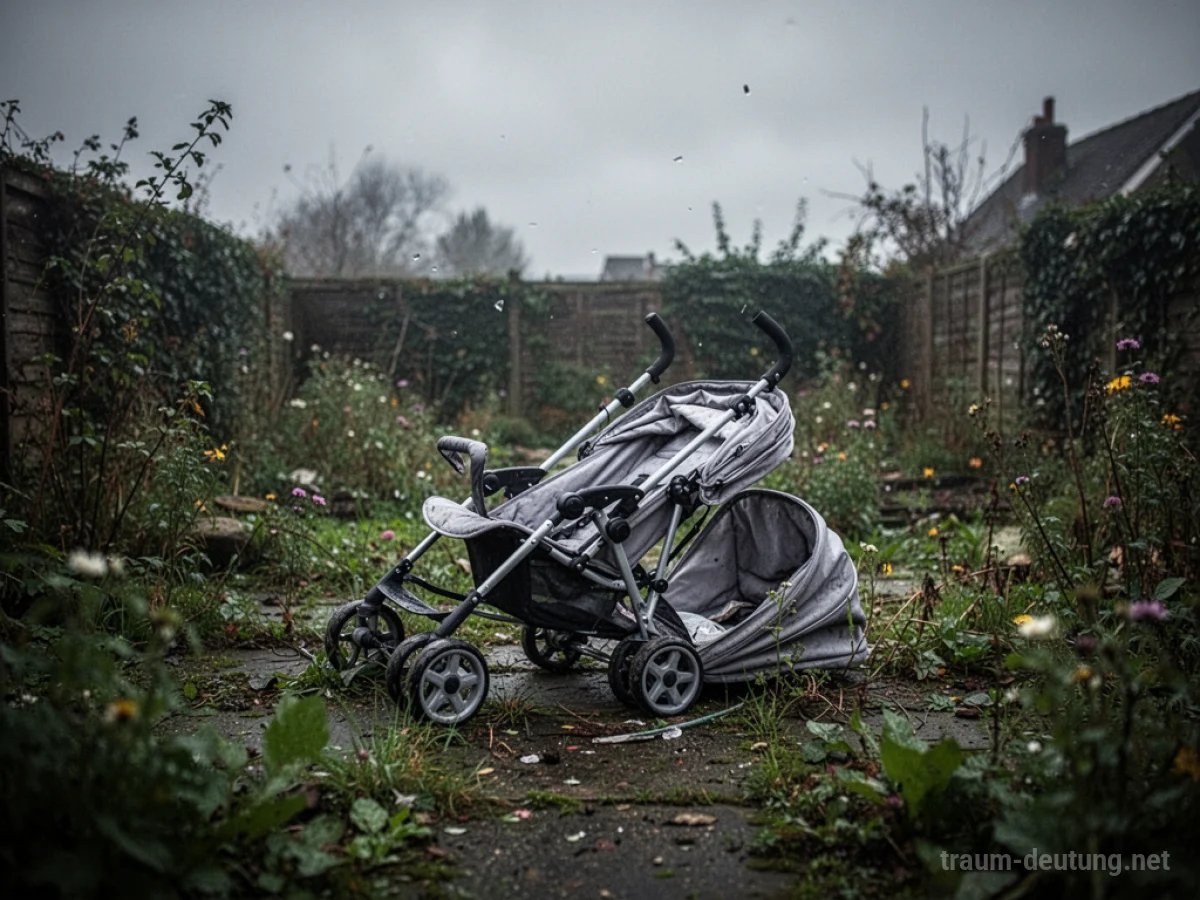 Kaputter Kinderwagen liegt im Gras, Himmel ist grau.