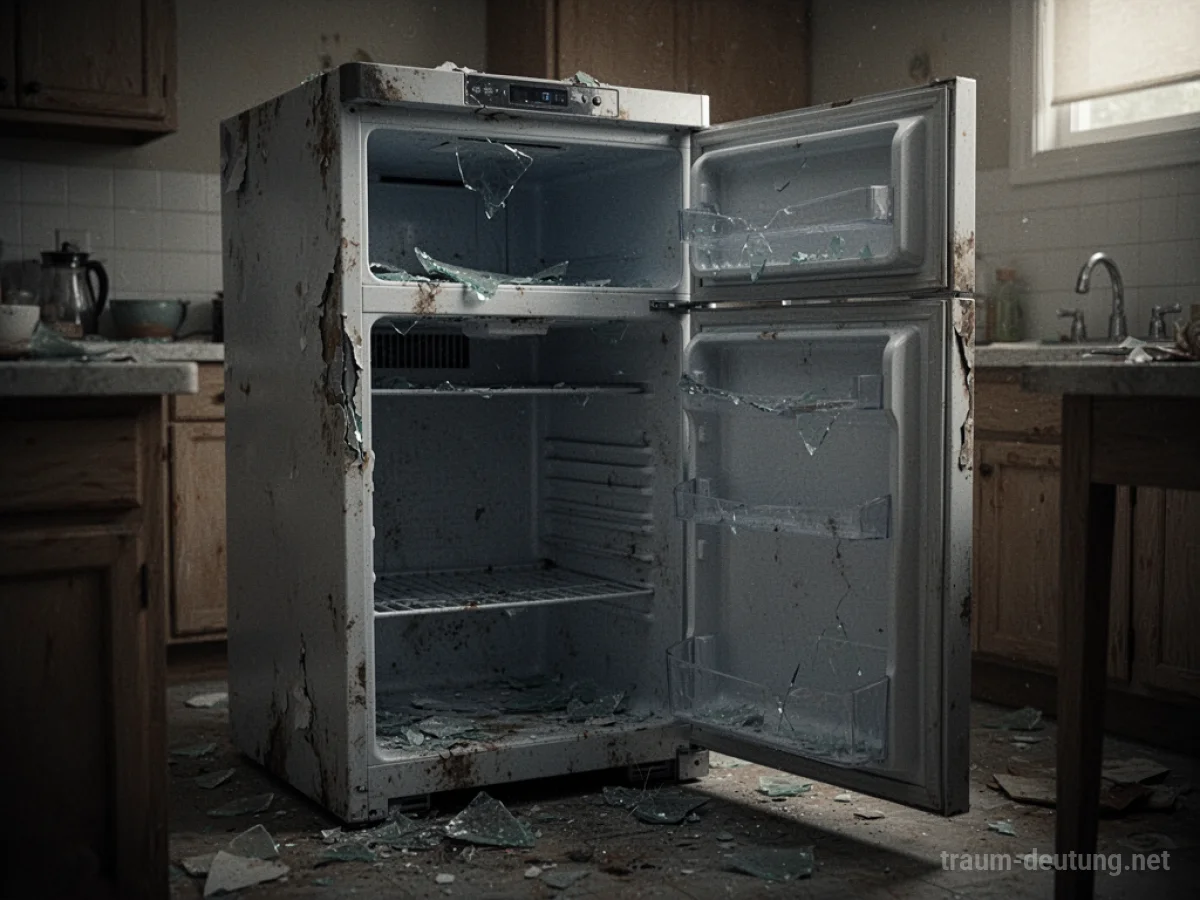 Ein kaputter Kühlschrank mit offener Tür in einer dunklen Küche.