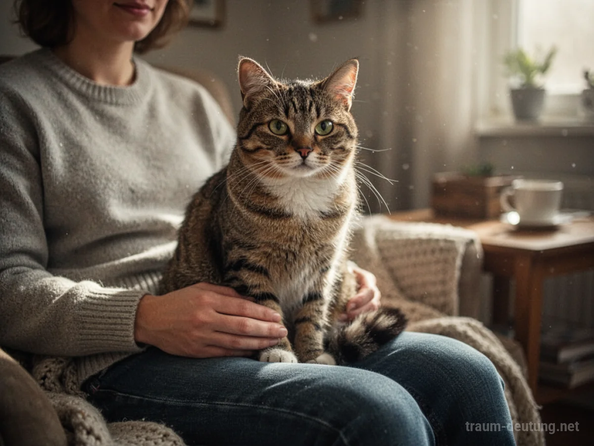 Eine Katze sitzt entspannt auf dem Schoß einer Person.