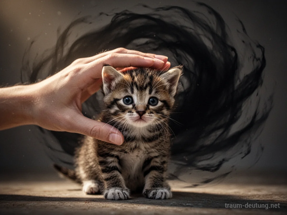 Schützende Hand über einer kleinen Katze im Schatten